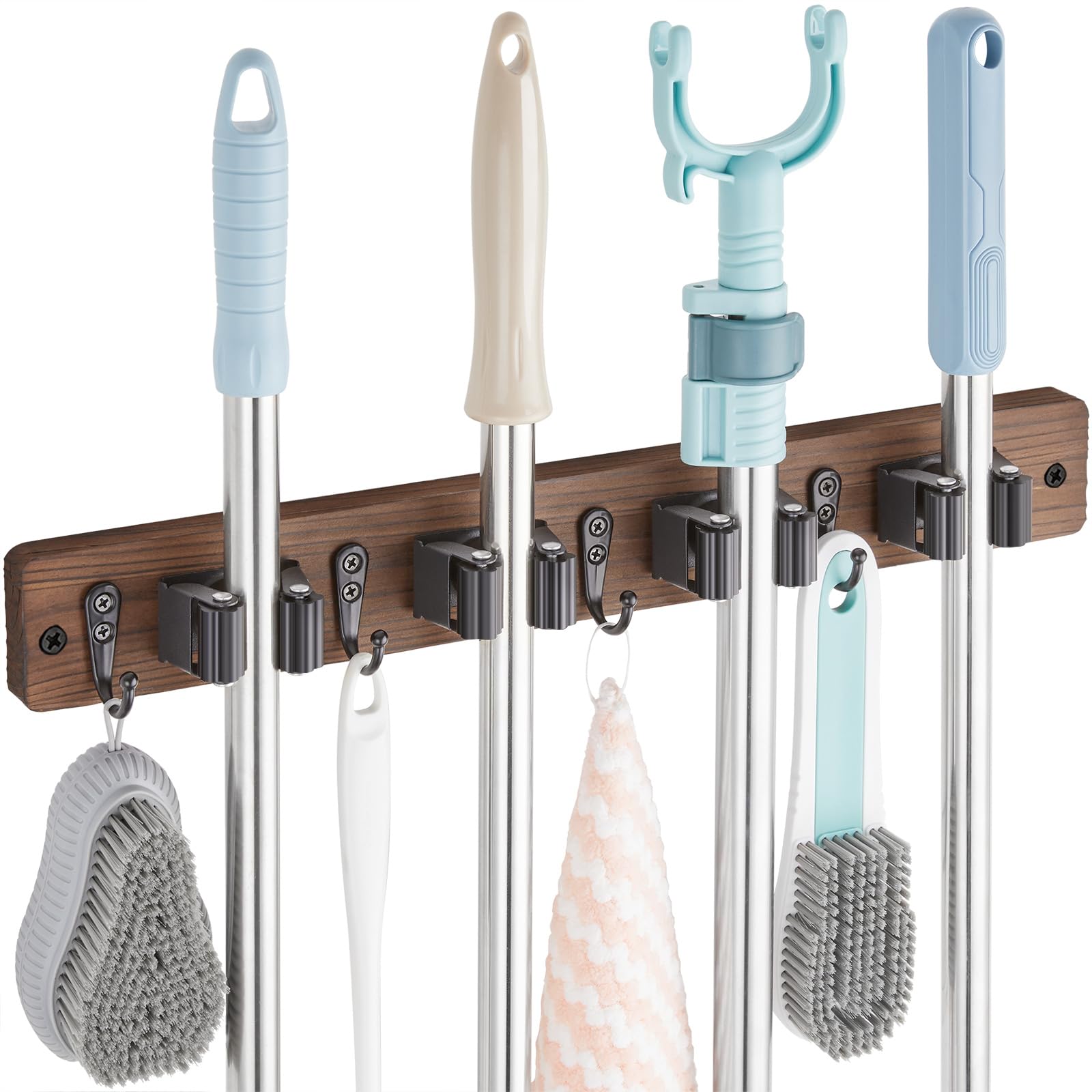OUTNILI Mop and Broom Holder Wall Mount - Wood Broom Mop Hanger - Wall Mounted G