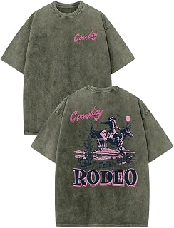 Bobeutou Western Shirts for Men Vintage Rodeo Cowboy Shirt Oversized Graphic Tees Country Concert Acid Wash T-Shirts Tops