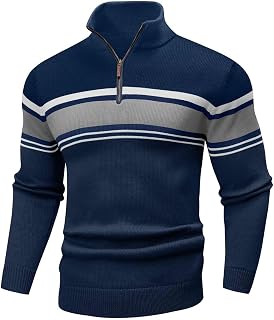 Wizoat Mens Sweater Quarter Zip Sweater Striped Fall Winter Polo Pullovers