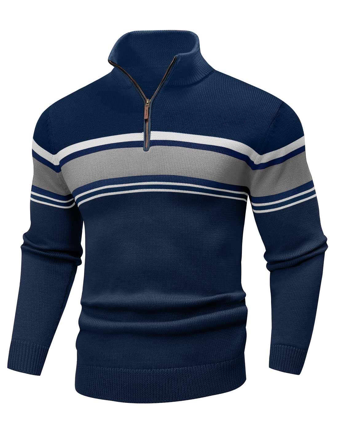 Wizoat Mens Sweater Quarter Zip Sweater Striped Fall Winter Polo Pullovers