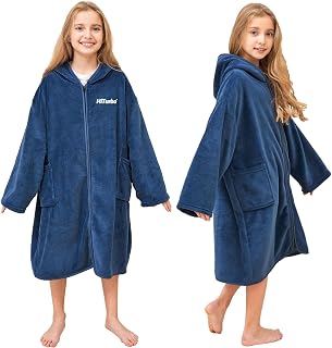 Hiturbo Kids Bath Towel Hoodie: Soft Plush Zipper Surf Poncho | Hooded Towel Poncho | Fleece Changing Robe | Zip Up Swim Cover Up | Pool Beach Shower Home Outwear | Boys Girls Ages 7-12Y