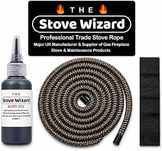 The Stove Wizard Stove Rope Kit 12mm x 2.5m Black 50ml Glue 100mm Tape | UK-made complete kit with 2.5m stove rope, 50 ml Rope Fix adhesive rated to 800°C and 100 mm end-seal tape