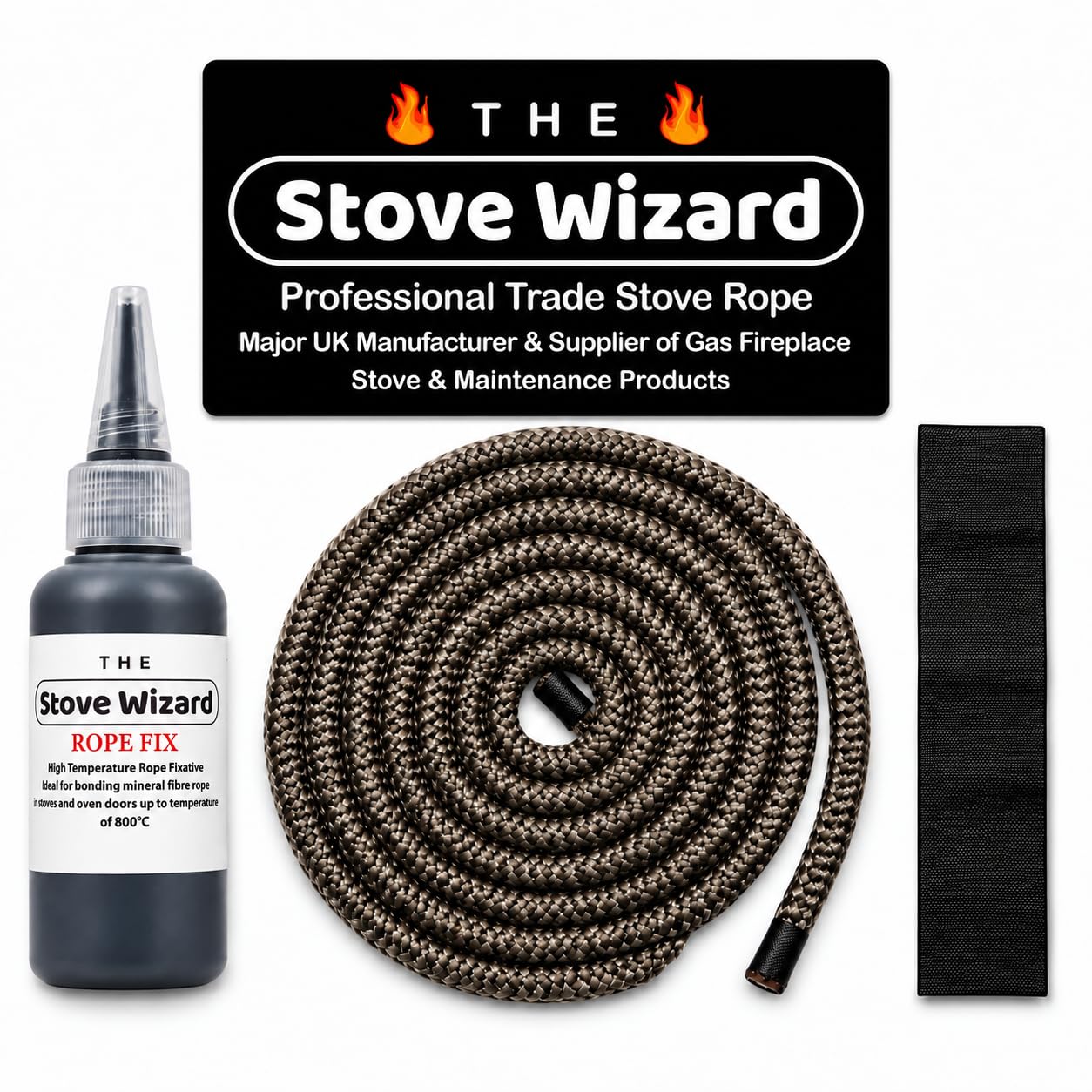 The Stove Wizard Stove Rope Kit 12mm x 2.5m Black 50ml Glue 100mm Tape | UK-made