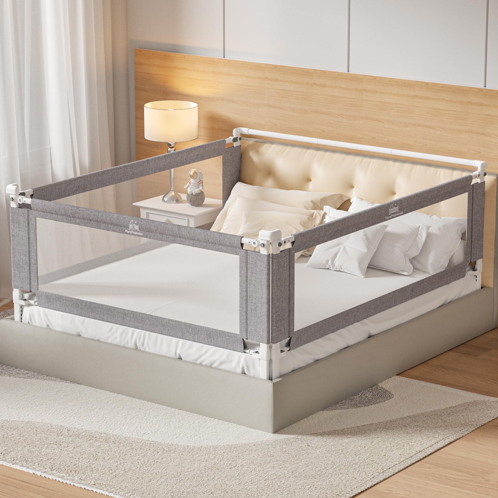 PurePapoose 3-Piece Queen Size Bed Rail for Toddlers - Height Adjustable Baby Be