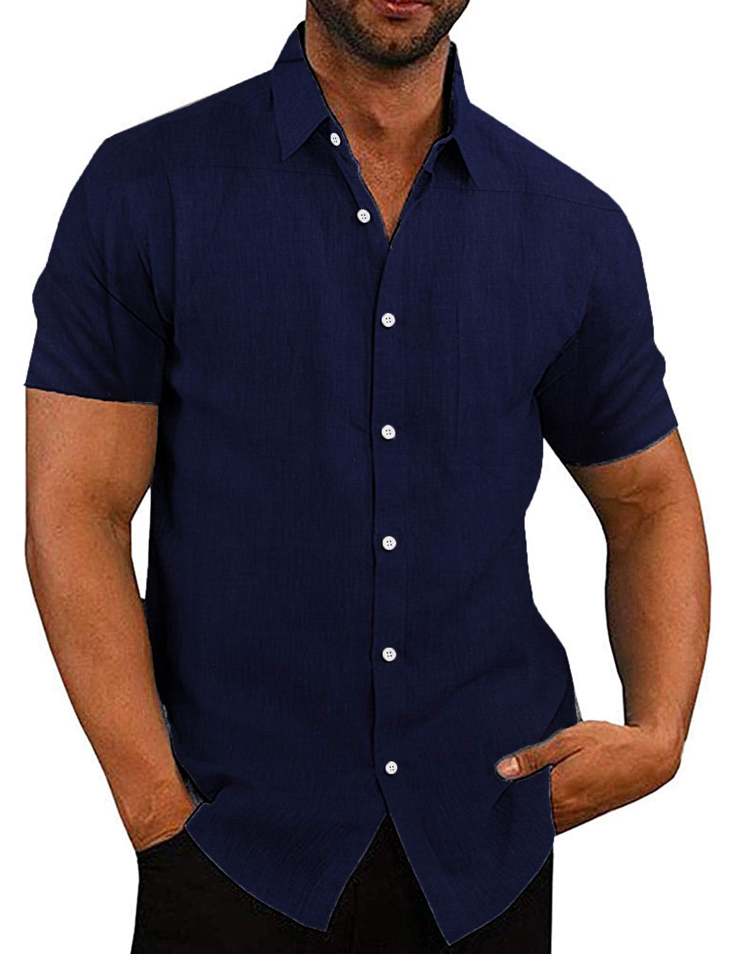 COOFANDY Men's Casual Button Down Shirts Short Sleeve Linen Shirts Summer Beach 