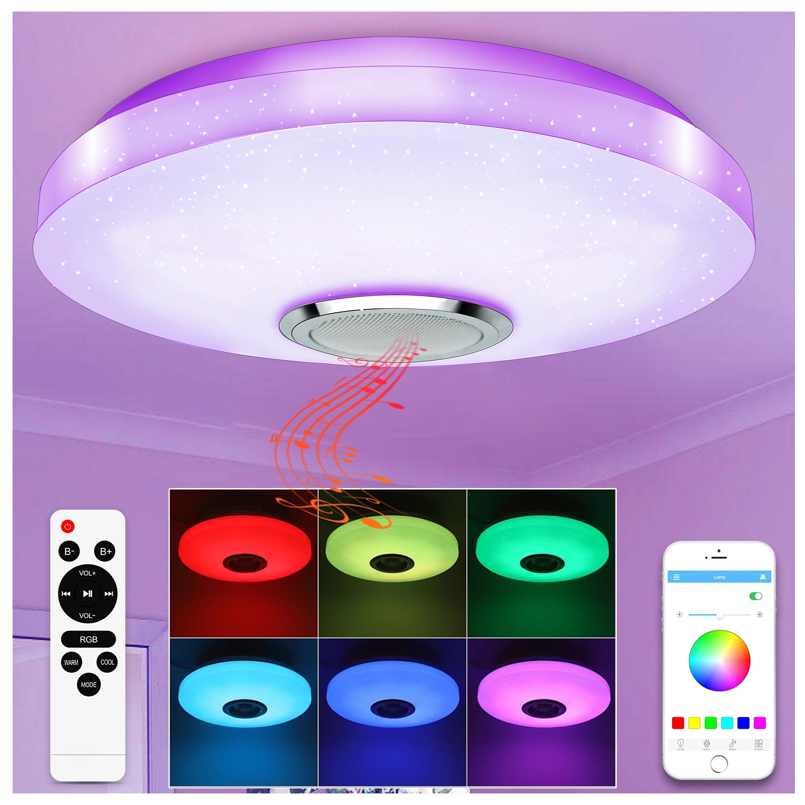 TODEHI LED Ceiling Light with Bluetooth Speaker 36W Music RGB Brightness | Dimma