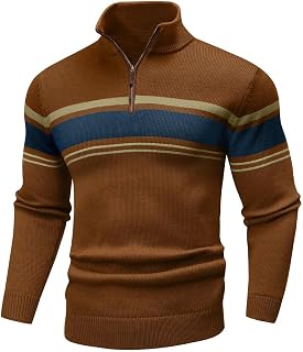 Wizoat Mens Sweater Quarter Zip Sweater Striped Fall Winter Polo Pullovers