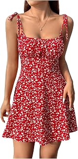 Women Casual Summer Dress Square Neck Floral Cherry Print Sleeveless High Waist A-line Sundress Midi Dresses