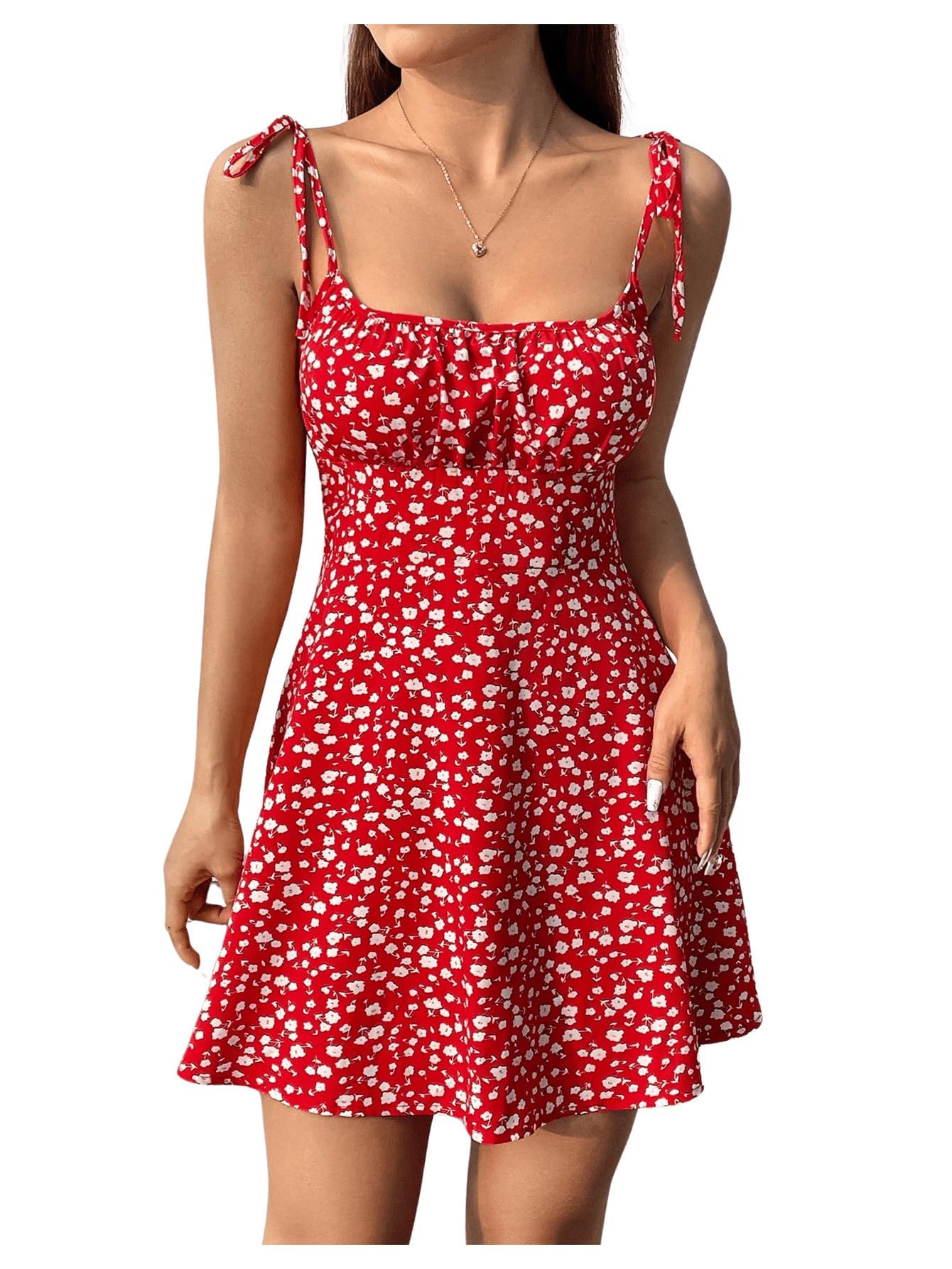 Women Casual Summer Dress Square Neck Floral Cherry Print Sleeveless High Waist 