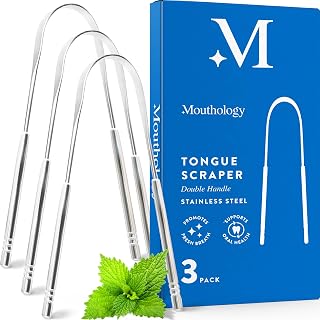 Mouthology Tongue Scraper For Adults (3 Pack) Improved Tongue Cleaning Fresh Breath, Stainless Steel Tongue Scraper, Metal Tongue Scraper, Tongue Sweeper Kids Tongue Scraper, Ayurvedic Tongue Scrubber