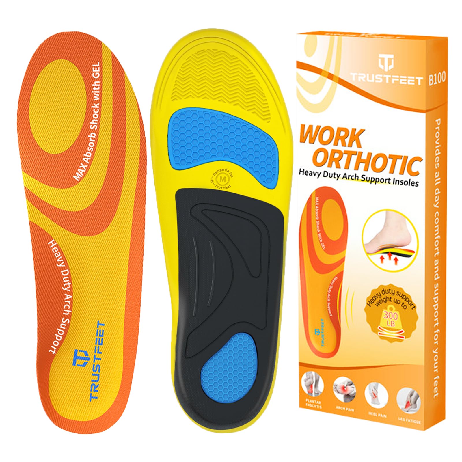 Trustfeet Work Orthotic Insoles, Plantar Fasciitis High Arch Support Insoles for