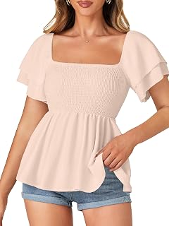 LYANER Women's Square Neck Smocked Peplum Top Ruffle Short Sleeve Babydoll Shirred Blouse