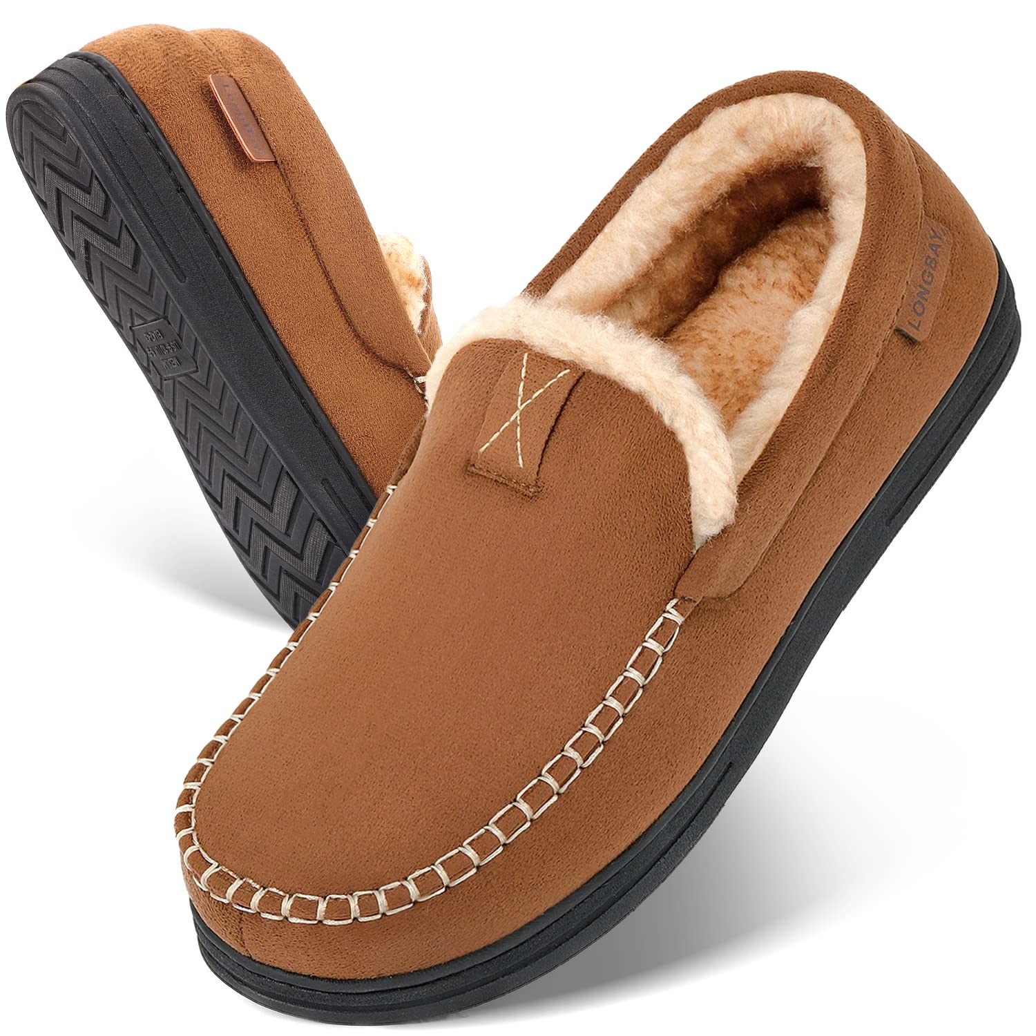 LongBay Mens Moccasin Slippers Memory Foam Warm House Shoes Indoor Outdoor