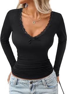 Rooscier Women's Lace V Neck Long Sleeve Shirts