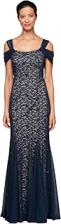 Alex Evenings Long Cold Shoulder Dress (Petite And Regular Sizes) Dress for Mother of the Bride Woman
