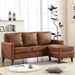 HAOMARKETS Faux Leather L Shaped Couch with Solid Wood Feet, 3-Seater Sofa with Reversible Chaise for Apartment, Sectional Couches for Living Room, Brown