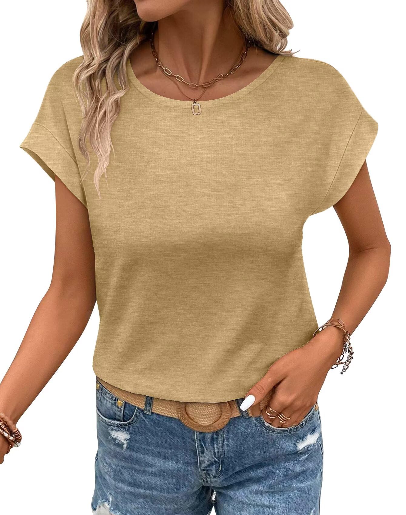 Bliwov レディース Tシャツ キャップ スリーブ トップス クルーネック カジュアル ベーシック サマーTシャツ
