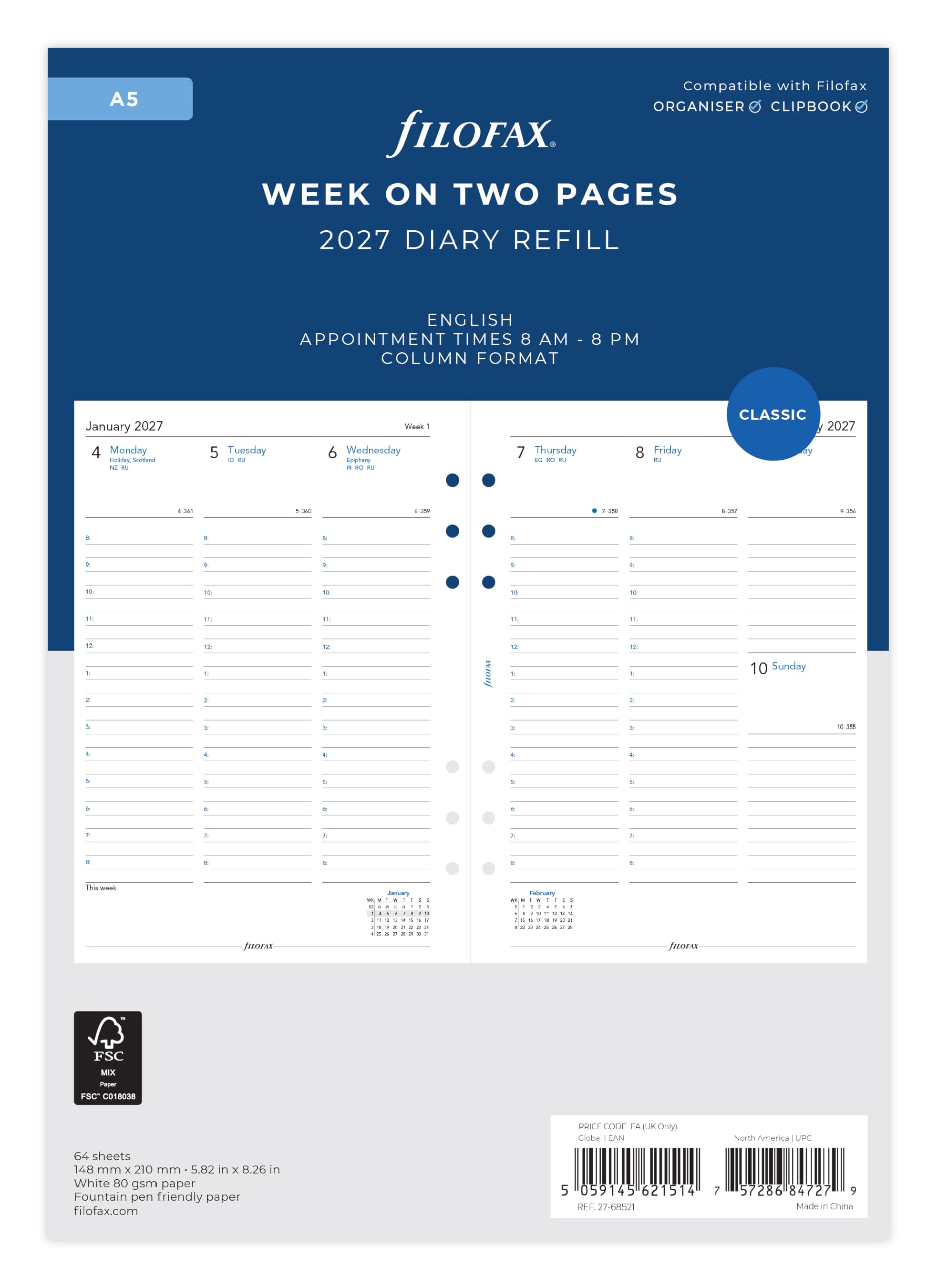 Filofax A5 Week on two pages column format English 2027 diary 27-68521