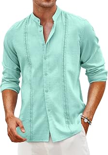 Coofandy Cuban Men's Shirts Guayabera Casual Long Sleeve Button Shirts Bandeau Collar Shirts Summer Beach Linen Shirts