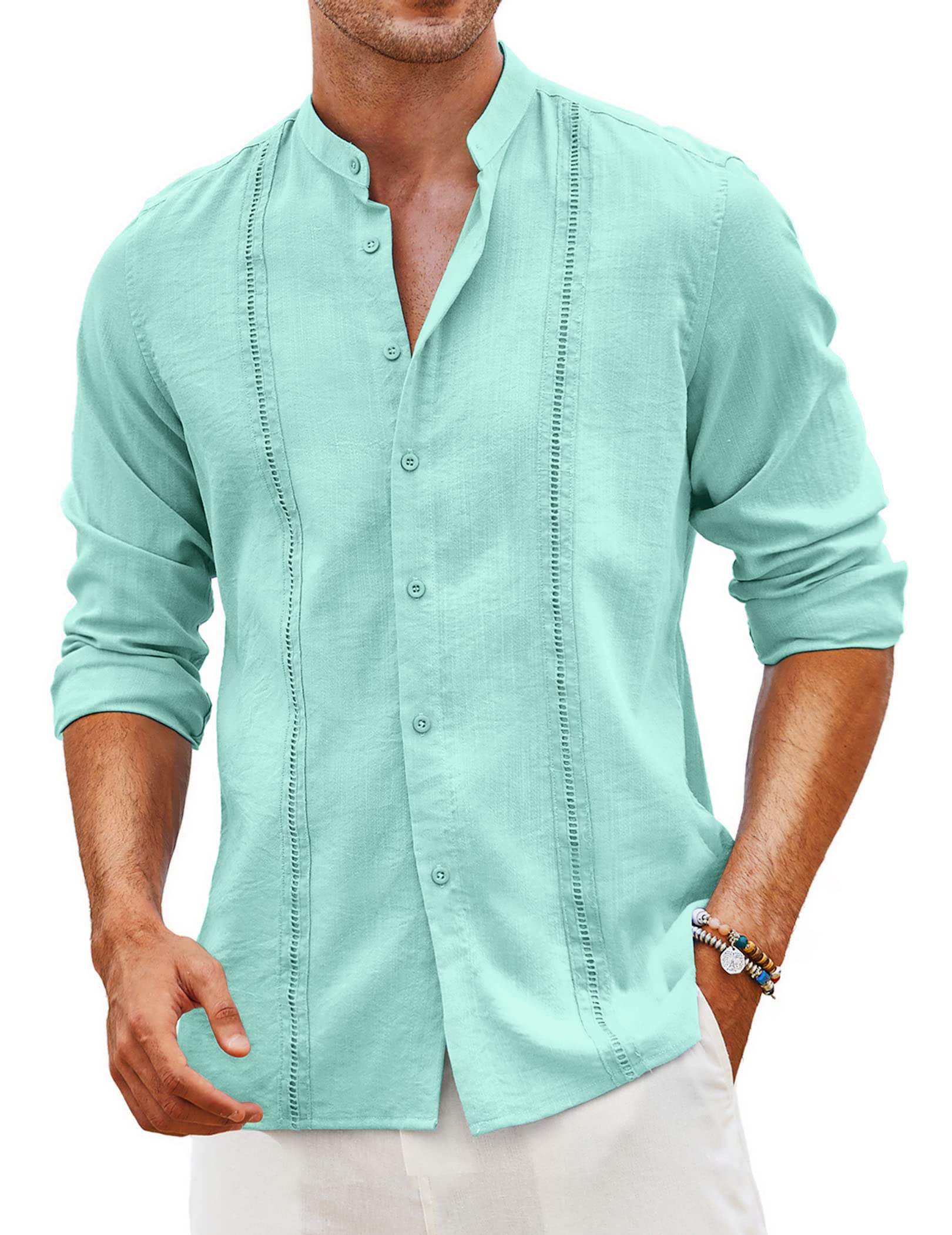 Coofandy Cuban Men's Shirts Guayabera Casual Long Sleeve Button Shirts Bandeau C
