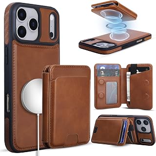 Magnetic Detachable Wallet Case for iPhone 18/17 Pro with Kickstand,2-in-1 MagSafe Compatible RFID Blocking Card Holder,Slim PU Leather Cover Brown