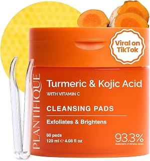 PLANTIFIQUE Kojic Acid and Turmeric Cleansing Pads - Lab Tested, 60 Pcs