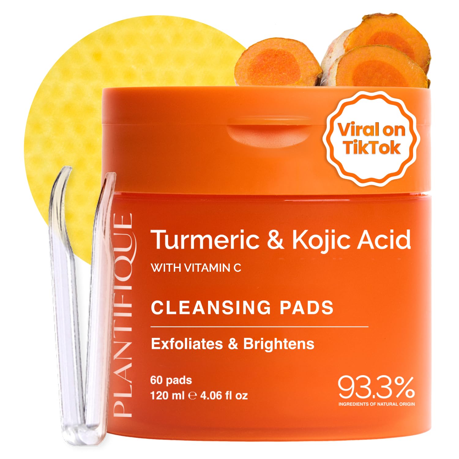 PLANTIFIQUE Kojic Acid and Turmeric Cleansing Pads - Lab Tested, 60 Pcs