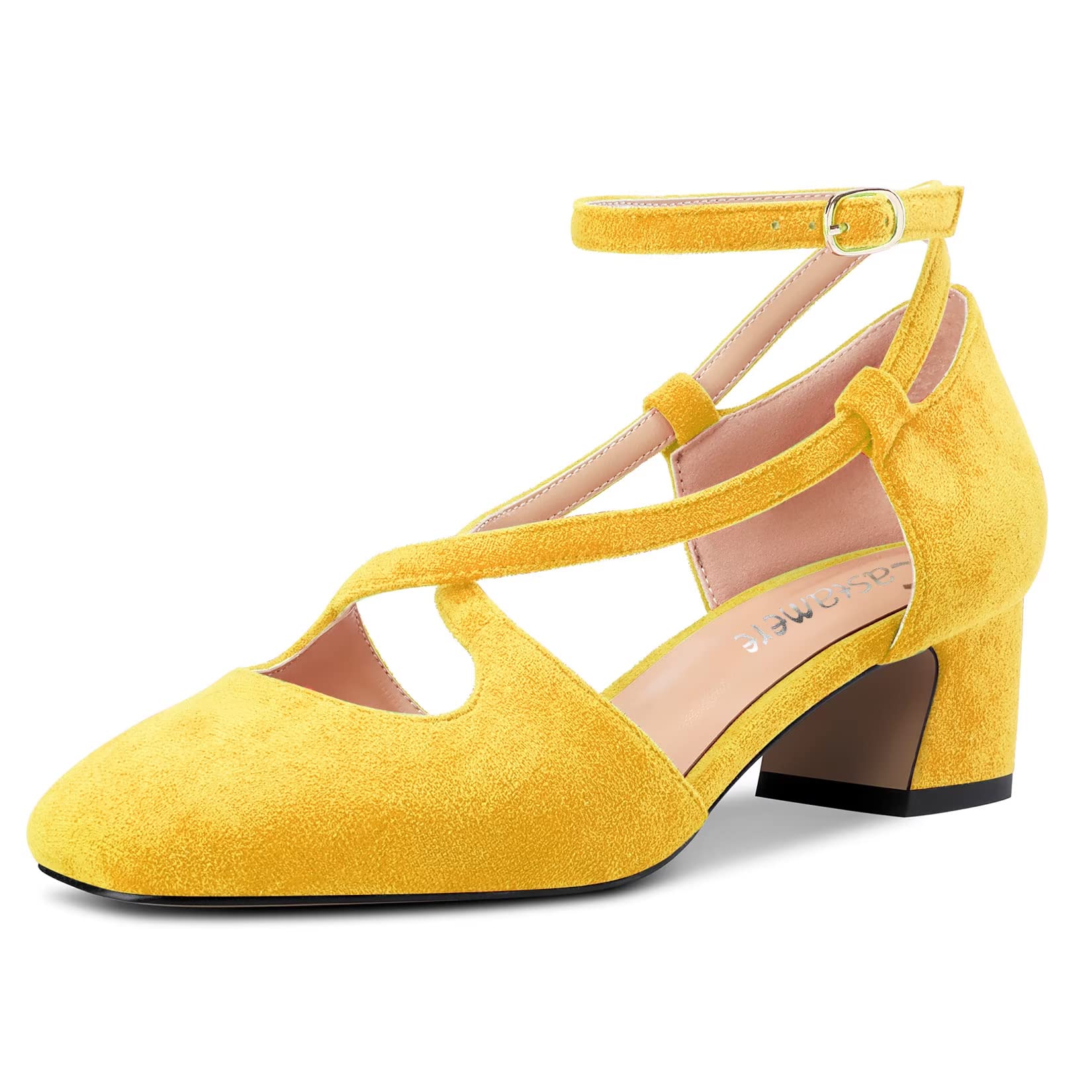 Castamere Women Medium Chunky Wide Heel Square Toe Cross Strap Pumps Party Cute 