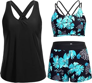 Holipick 3 Piece Tankini Swimsuit for Women Tummy Control Bathing Suit Tank Top with Bra Boys Shorts Teen Swimwear
