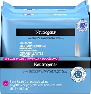 Neutrogena All-in-One Makeup Removing Cleansing Wipes, Twin Pack, 50 Count | Gentle Makeup Remover Wipe, Removes Waterproof Mascara, Micellar, Alcohol-Free for Sensitive Eye Area, No-Rinse, Plant-based