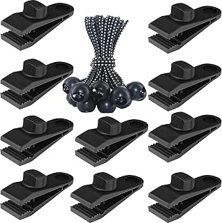 Tarp Clips Heavy Duty Lock Grip, 20 Pcs Tarp Clamps &amp; Bungee Cords Set | Come with Storge Bag, Windproof Shark Tent Fastener Clip, Pool Cover Clip for Camping, Awning, Shade Cloth, Boat&amp; Car Cover