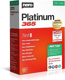 Nero Platinum 365 | All-in-One Multimedia Suite | Video Editing 4K/8K | Photo AI Organising | Music & Media Tools | Convert & Burn | Backup & PC Optimisation | 1 Year License | 1 PC | Win 11/10