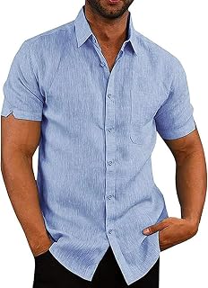 Friptspyg Men's Cotton Linen Shirt Short Sleeve Regular Fit Casual Summer Shirts with Pocket
