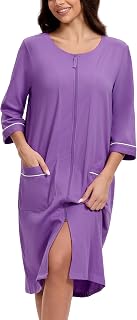 CF Ladies Nightdress with Zipper, 100% Cotton, 3/4 Sleeve, Loungewear, Knee Length, Lightweight with Zip and Pockets