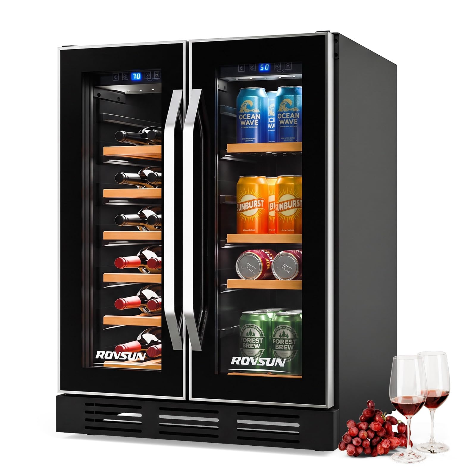 ROVSUN Dual Zone Wine and Beverage Refrigerator, 34 Bottle Wine Fridge with 2 Gl
