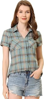 Allegra K Women's Plaid Shirt Cotton Short Sleeve Button Up Western Shirt