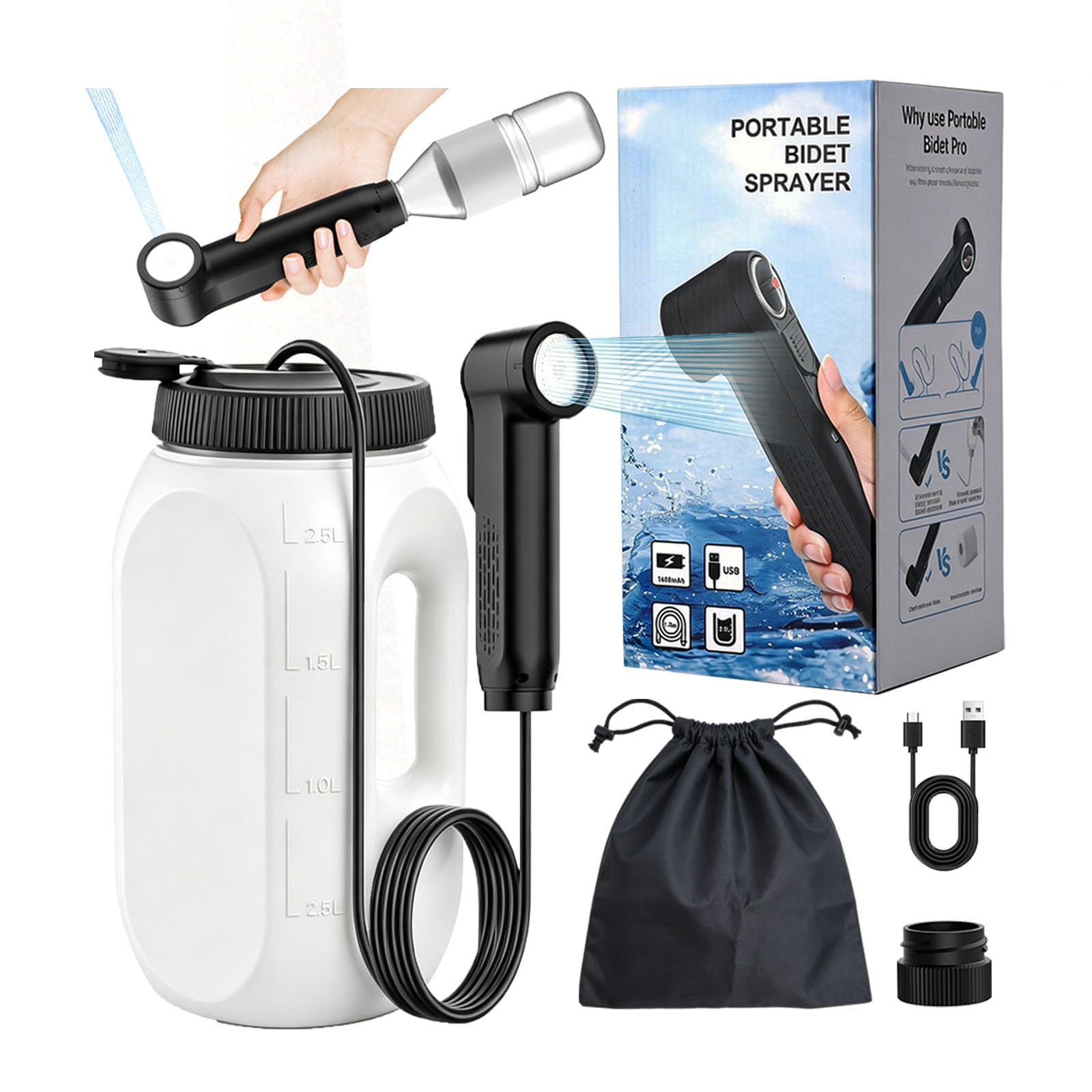 Portable Bidet for Travel,Electric Handheld Bidet Sprayer Shower with 2.5L Peri 