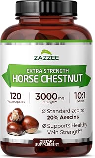 Zazzee Extra Strength Horse Chestnut 10:1 Extract, 20% Aescins, Vegan | 120 Capsules, 4 Month Supply, Aesculus Hippocastanum, Healthy Circulation & Blood Flow Support, Non-GMO, Made in the USA