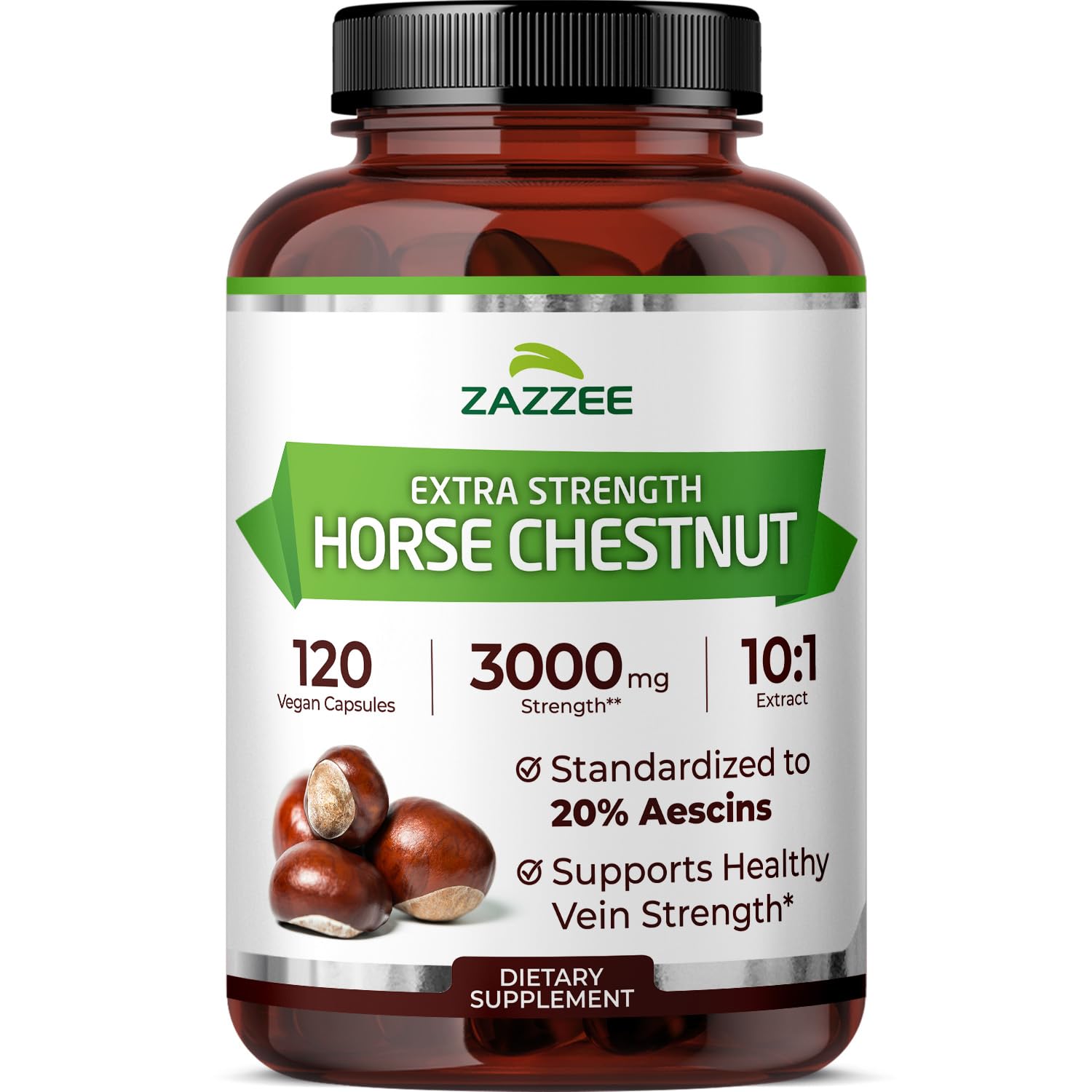 Zazzee Extra Strength Horse Chestnut 10:1 Extract, 20% Aescins, Vegan | 120 Caps