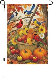 FQWXXBV Fall Welcome garden flag 12x18 Inch Double Sided Outside,vivid red cardinals, colorful blue birds, bright sunflowers, ripe pumpkins, fresh red apples, pinecones and warm autumn maple foliage（Stopper Clip)