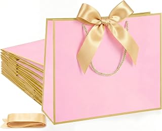 Silkfly 12 Pcs Paper Gift Bags with Handles&Bow Ribbon, Pink