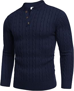 COOFANDY Suéter de Punto Casual para Hombre, Cuello Henley, Manga Larga, Ajustado, suéter Trenzado, Azul Marino, Small