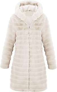 RISISSIDA Women Long Faux Fur Coat Fuzzy Faux Fur Jacket Winter Spring Fall Fashion, Thermal Loose Oversized Jacket Hooded, Beige-horizontal Texture, Medium