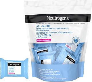 Neutrogena All-in-One Makeup Removing Wipes, Fragrance Free, 20 Count | Gentle Makeup Remover Wipe, Removes Waterproof Mascara, Micellar, Alcohol-Free for Sensitive Eye Area, Travel Pack