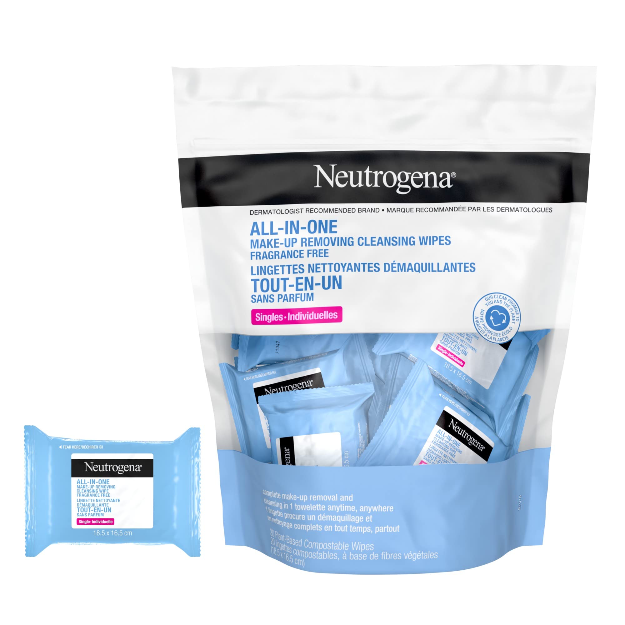 Neutrogena All-in-One Makeup Removing Wipes, Fragrance Free, 20 Count | Gentle M