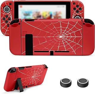 JINGDU Protective Case for Switch 2017 NS, Dockable Soft TPU Protector, Slim Shock-Absorption Anti-Scratch Cover With Thumb Grips Caps (Cobweb-Red)