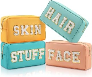 Remerry 4 Pcs Nylon Makeup Bags Waterproof Spacious Travel Cosmetic Bag for Women Chenille Letter Preppy Zipper Pouch Face Stuff Skin Hair Organizer Gift(Blue, Pink, Apricot, Purple)