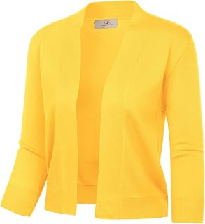 GRACE KARIN Women Sweaters 3/4 Sleeve Knit Cropped Cardigan Open Front Bolero Shrug Coat Top S-3XL - Yellow - 3XL