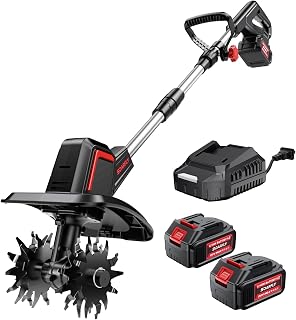 SOARFLY Cordless Tiller Cultivator 9" Width 6.6" Depth, 2×4.0Ah Batteries | 48 Steel Tines, 360RPM, Lightweight Battery Powered Small Garden Rototiller for Lawn Gardening Soil Cultivation