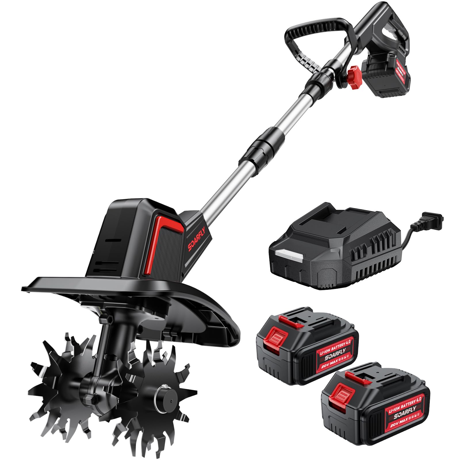 SOARFLY Cordless Tiller Cultivator 9" Width 6.6" Depth, 2×4.0Ah Batteries | 48 S
